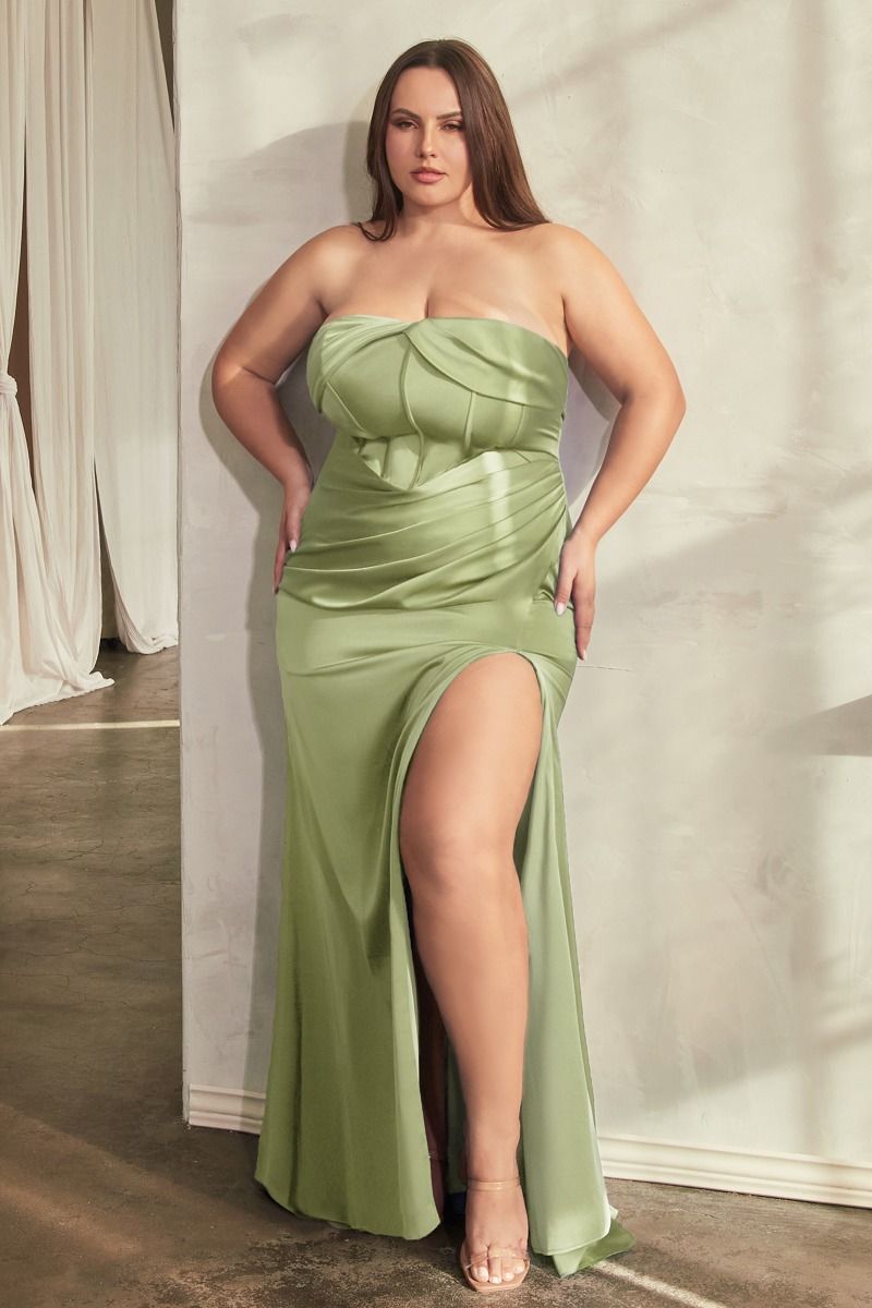 Strapless Soft Satin Leg Slit Gown by Cinderella Divine CD326C - Curves