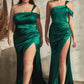 Satin One Shoulder Draped Leg Slit Gown by Cinderella Divine CD327 - Special Occasion