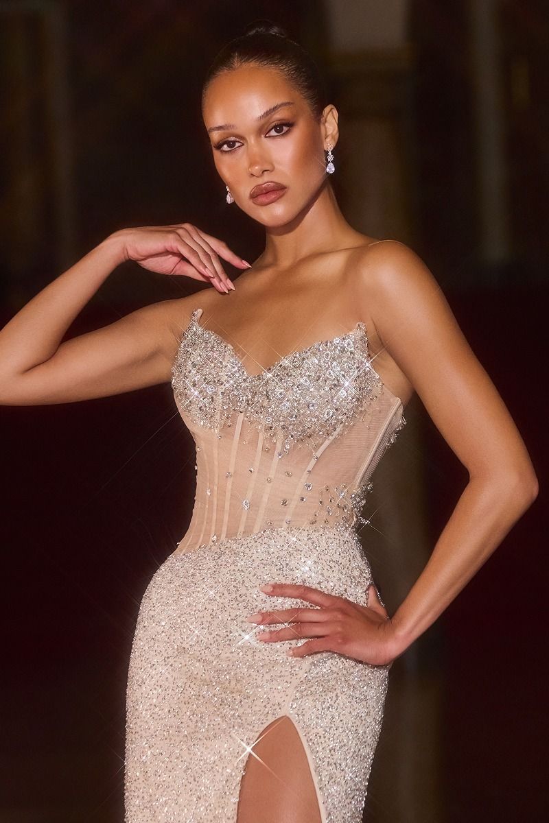 Crystal Embellished High Slit Gown By Ladivine CD404 - Women Evening Formal Gown - Special Occasion