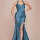 Satin Halter Neckline Leg Slit Gown by Cinderella Divine CD796 - Special Occasion (2-12 Size)