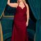 Satin Halter Neckline Leg Slit Gown by Cinderella Divine CD796C - Curves