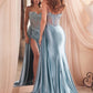 Embellished Satin Fitted Slit Gown By Ladivine CD868 - Women Evening Formal Gown - Special Occasion
