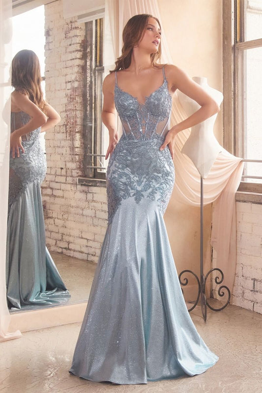 Satin Glitter & Lace Mermaid Gown by Cinderella Divine CDS470 - Special Occasion