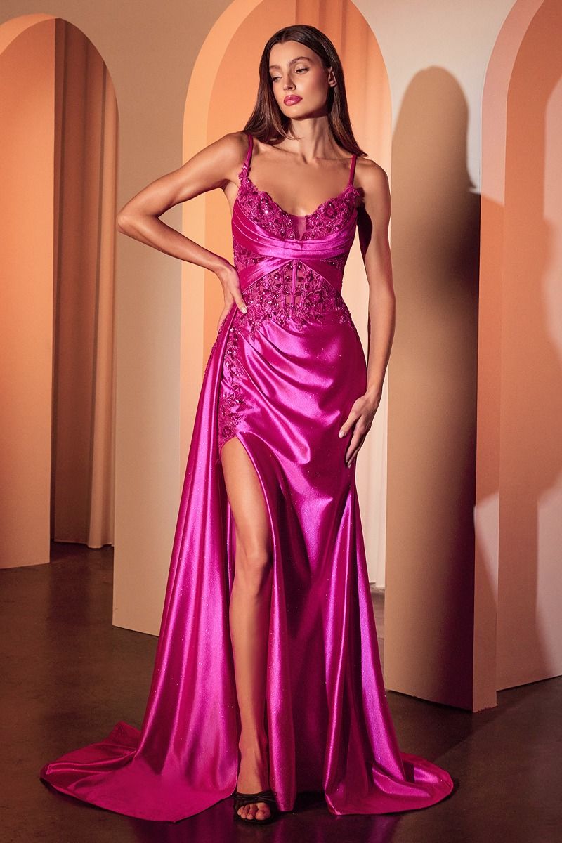 Satin Sweetheart Neckline Leg Slit Gown by Cinderella Divine CDS524 - Special Occasion