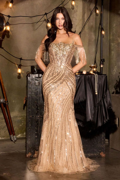 Fitted Off Shoulder Sleeves Gown By Ladivine CDS555 - Women Evening Formal Gown - Special Occasion