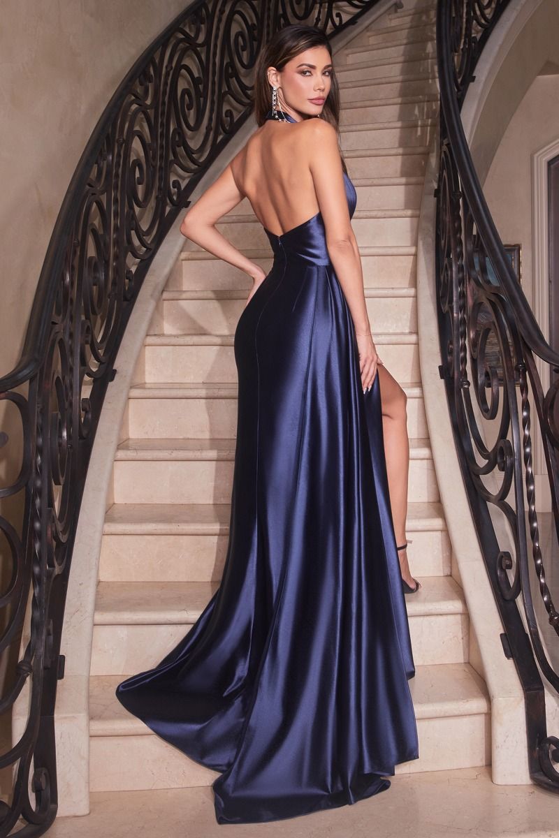 Satin Halter Neckline Leg Slit Gown By Ladivine CH079 - Women Evening Formal Gown - Special Occasion