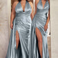 Satin Halter Neckline Leg Slit Gown by Cinderella Divine CH079C - Curves