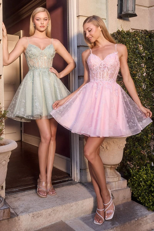 Applique Illusion Sweetheart Bodice Short Dress By Ladivine CJ419 - Women Evening Formal Gown - Special Occasion