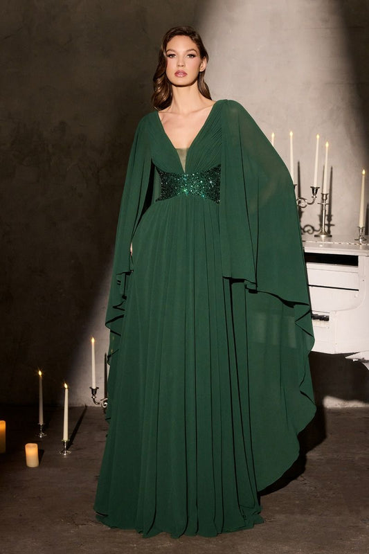 Soft Chiffon V-Neck A-Line Gown By Ladivine CM8244 - Women Evening Formal Gown - Special Occasion/Curves