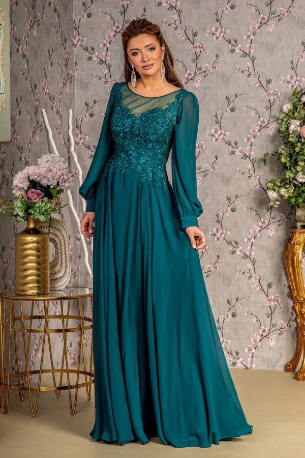 Floral Embroidery Long Sleeve A-Line Women Formal Dress by GLS by Gloria - GL3363 - Special Occasion/Curves