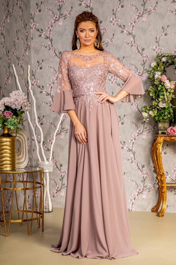 Sequin Chiffon 3/4 Sleeve A-Line Women Formal Dress by GLS by Gloria - GL3434 - Special Occasion/Curves