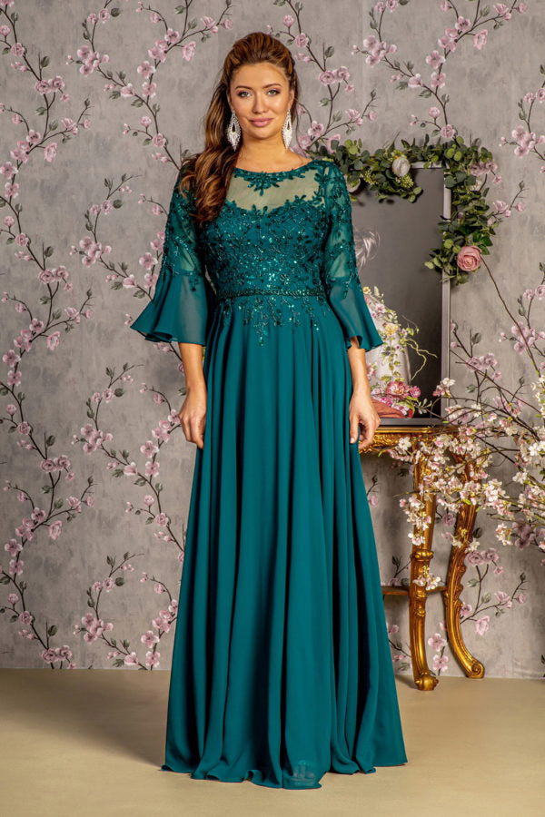 Sequin Chiffon 3/4 Sleeve A-Line Women Formal Dress by GLS by Gloria - GL3434 - Special Occasion/Curves