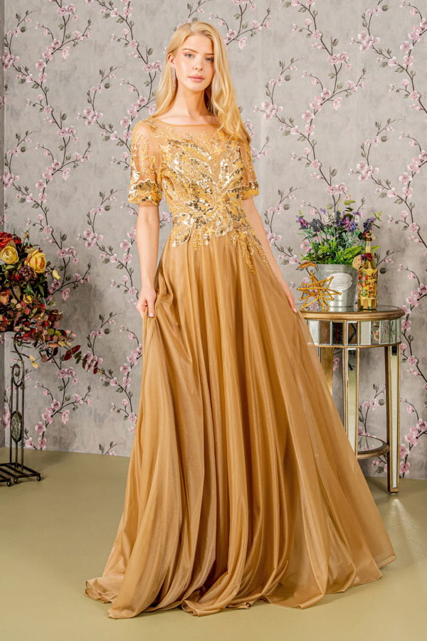 Metallic Embroidery Boat Neck Women Formal Dress by GLS by Gloria - GL3444 - Special Occasion/Curves