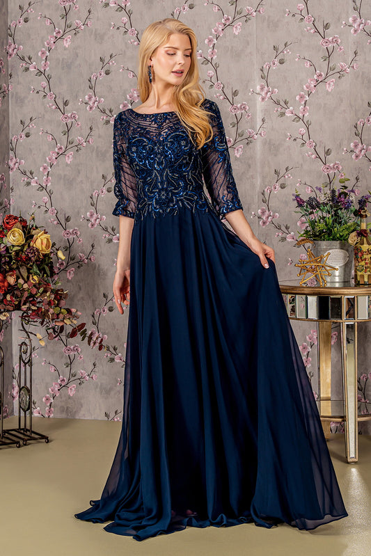 Sequin Chiffon Boat Neckline A-Line Women Formal Dress by GLS by Gloria - GL3446 - Special Occasion/Curves