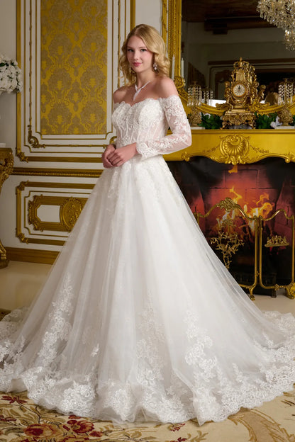 Embroidery Long Sleeve A-Line Wedding Gown GLS by Gloria - GL3653
