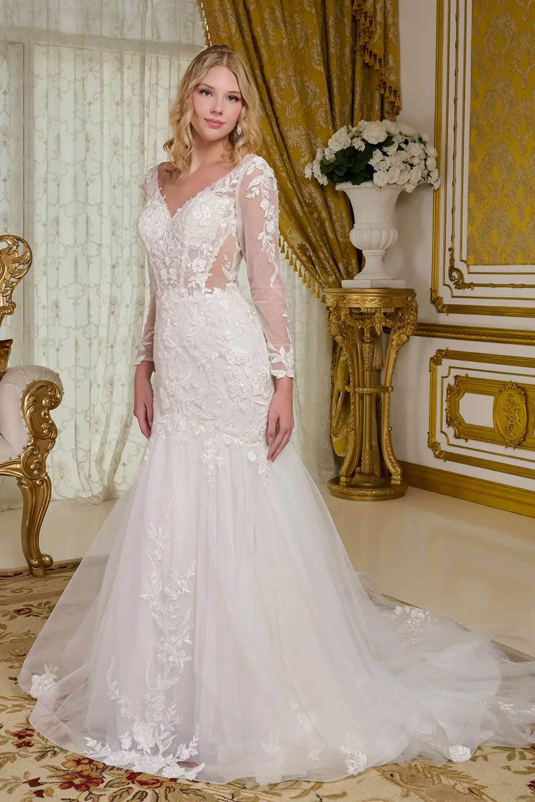 Embroidery V-Neckline Trumpet Wedding Gown GLS by Gloria - GL3659