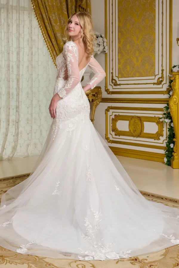 Embroidery V-Neckline Trumpet Wedding Gown GLS by Gloria - GL3659