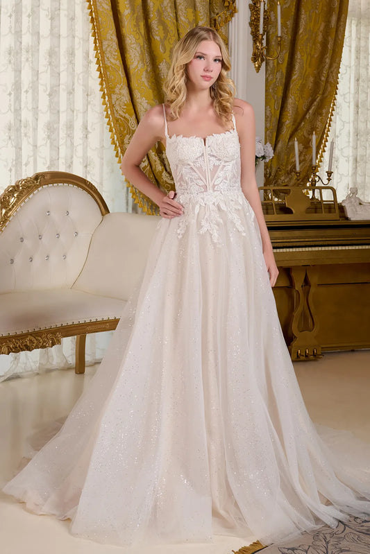 Sequin Boat Neckline Spaghetti Strap Wedding Gown GLS by Gloria - GL3663