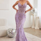 Fitted Floral Glitter Print Corset Mermaid Gown by Ladivine J810 - Special Occasion