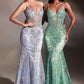 Fitted Floral Glitter Print Corset Mermaid Gown by Ladivine J810 - Special Occasion