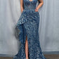 Fitted Flare Glitter Print with Side Peplum Gown by Ladivine J856 - Special Occasion/Curves