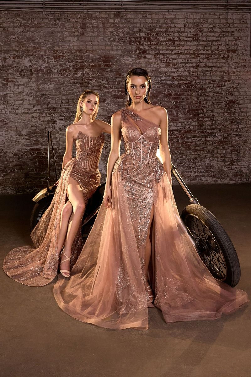 One Shoulder Glitter Tulle Leg Slit Gown by Cinderella Divine J869 - Special Occasion