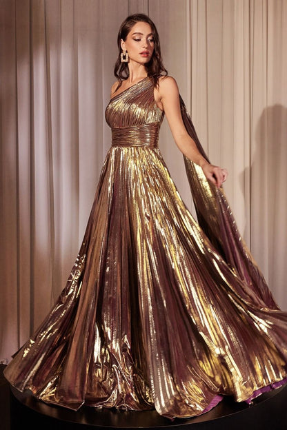 One Shoulder Metallic Pleated A-Line Gown by Cinderella Divine J874 - Special Occasion