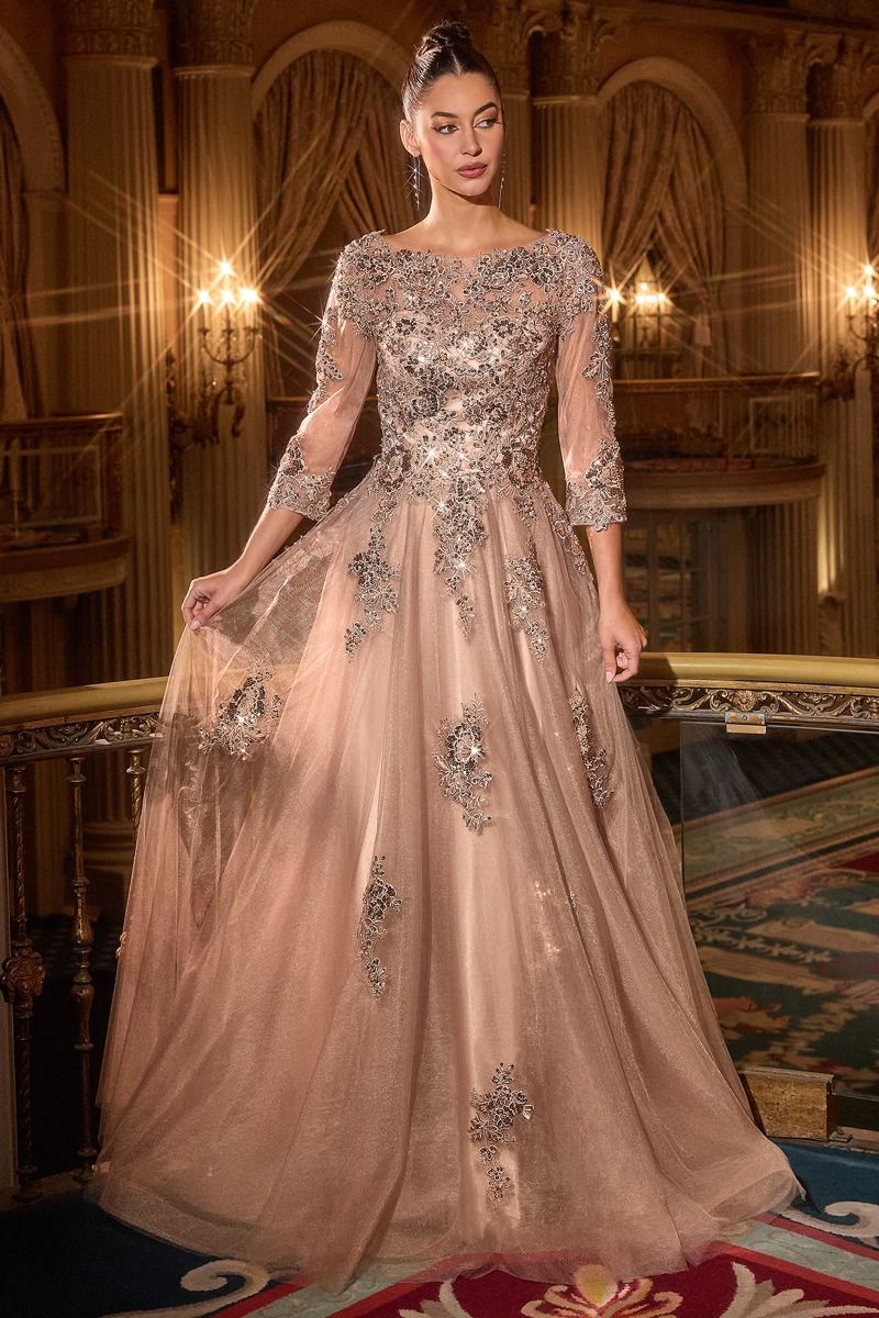 High Neckline Layered Tulle Gown by Cinderella Divine J883 - Special Occasion/Curves