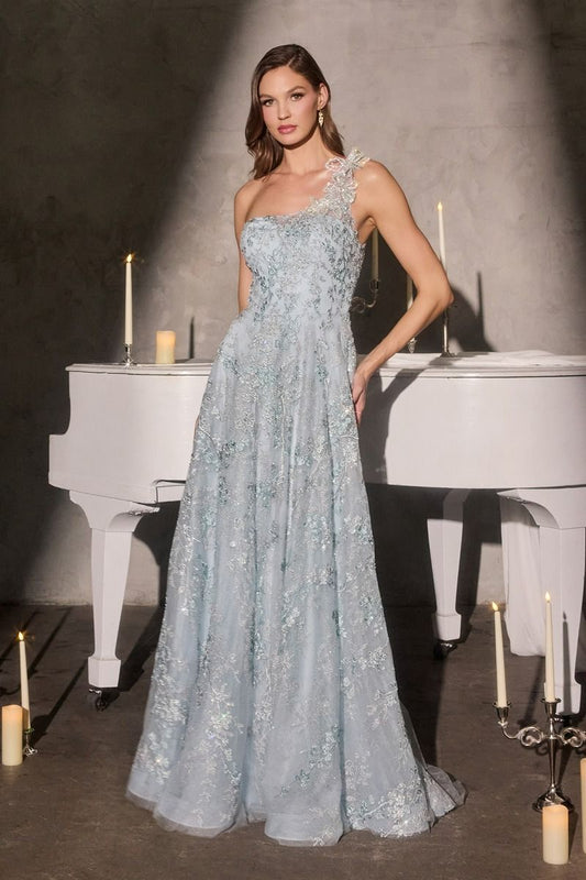 3D Floral One Shoulder A-Line Gown By Ladivine J909 - Women Evening Formal Gown - Special Occasion