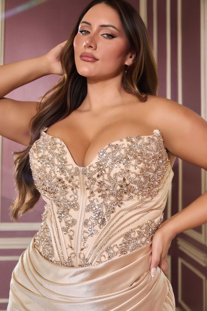 Beaded Lace Strapless Leg Slit Gown By Ladivine KV1136C - Women Evening Formal Gown - Curves
