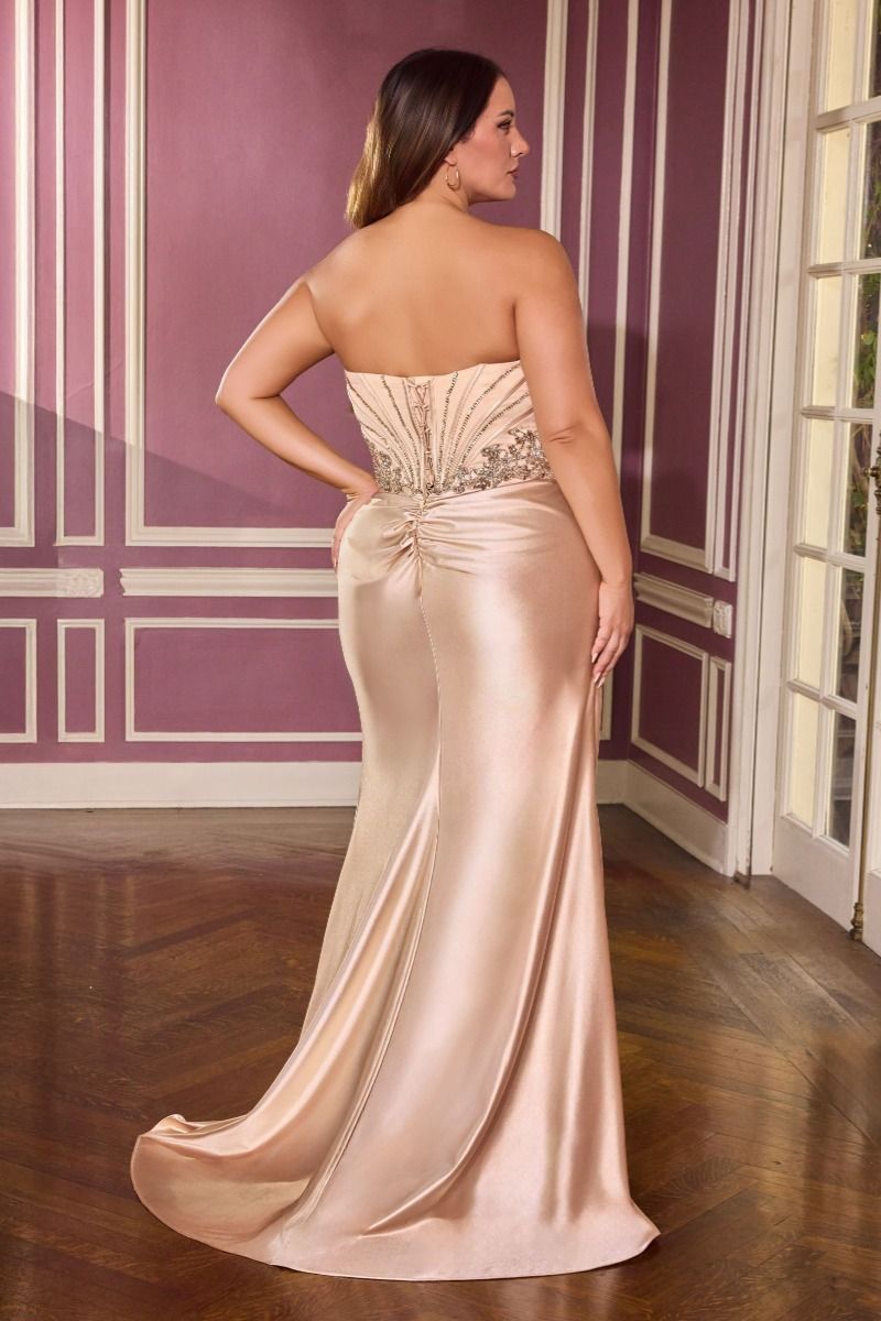 Beaded Lace Strapless Leg Slit Gown By Ladivine KV1136C - Women Evening Formal Gown - Curves
