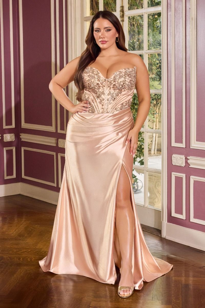 Beaded Lace Strapless Leg Slit Gown By Ladivine KV1136C - Women Evening Formal Gown - Curves