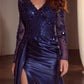 Long Sleeve V-Neckline Leg Slit Gown by Cinderella Divine CDS506 - Special Occasion/Curves