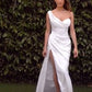 Satin One Shoulder Leg Slit Wedding Gown by Cinderella Divine 7448W