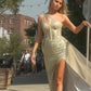 One Shoulder Glitter Tulle Leg Slit Gown by Cinderella Divine J869 - Special Occasion