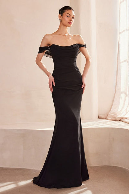 Off The Shoulder Scoop Neckline Gown By Amoris T705 - Women Evening Formal Gown - Special Occasion