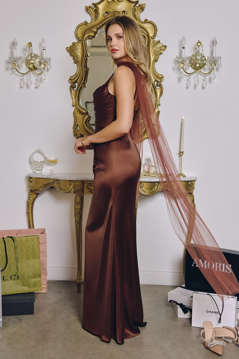 Smooth Satin Draped Neckline Gown By Amoris T729 - Women Evening Formal Gown - Special Occasion