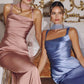 Smooth Satin Draped Neckline Gown By Amoris T729 - Women Evening Formal Gown - Special Occasion