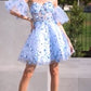 Strapless Glitter Floral Corset Short Dress with Puff Sleeves By Ladivine KV1089