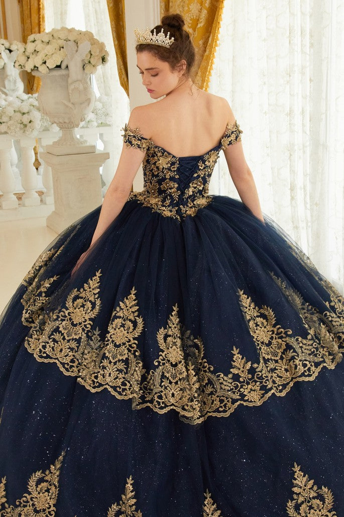 Off the Shoulder Floral Applique Layered Lace Quinceanera Gown By Ladivine 15705