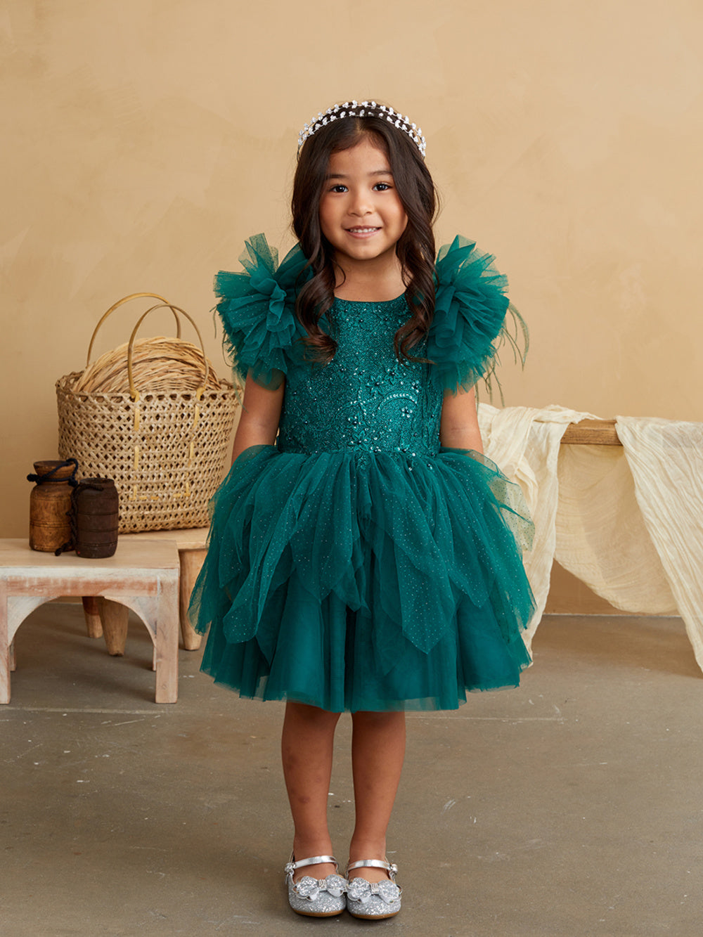 Girl Party Dress with Lace Applique and Fluffy Sleeves by TIPTOP KIDS - AS5848