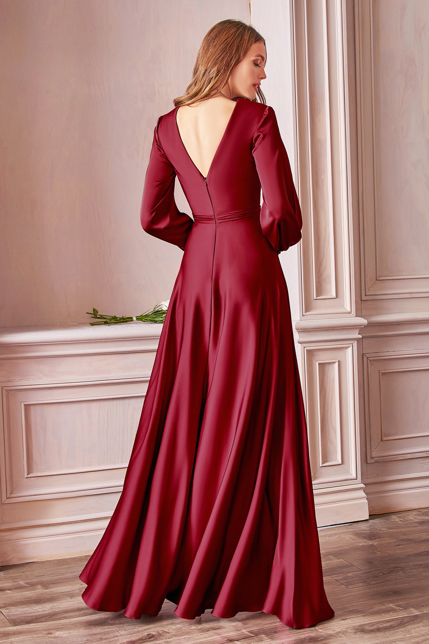 Long Sleeve Satin Slit Dress by Cinderella Divine 7475 - Special Occasion