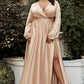 Long Sleeve Satin Slit Dress - Cinderella Divine - 7475C - Curves