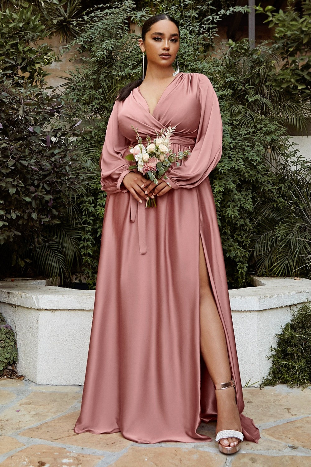 Long Sleeve Satin Slit Dress by Cinderella Divine 7475 - Special Occasion