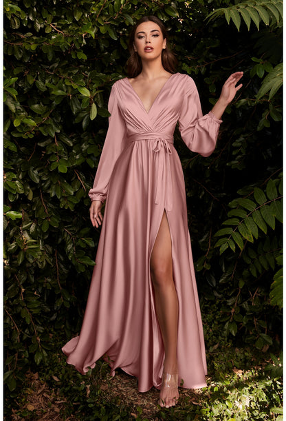 Long Sleeve Satin Slit Dress by Cinderella Divine 7475 - Special Occasion