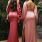 Off the Shoulder Long Sleeve Soft Satin Slit Gown - Cinderella Divine 7482C - Curves