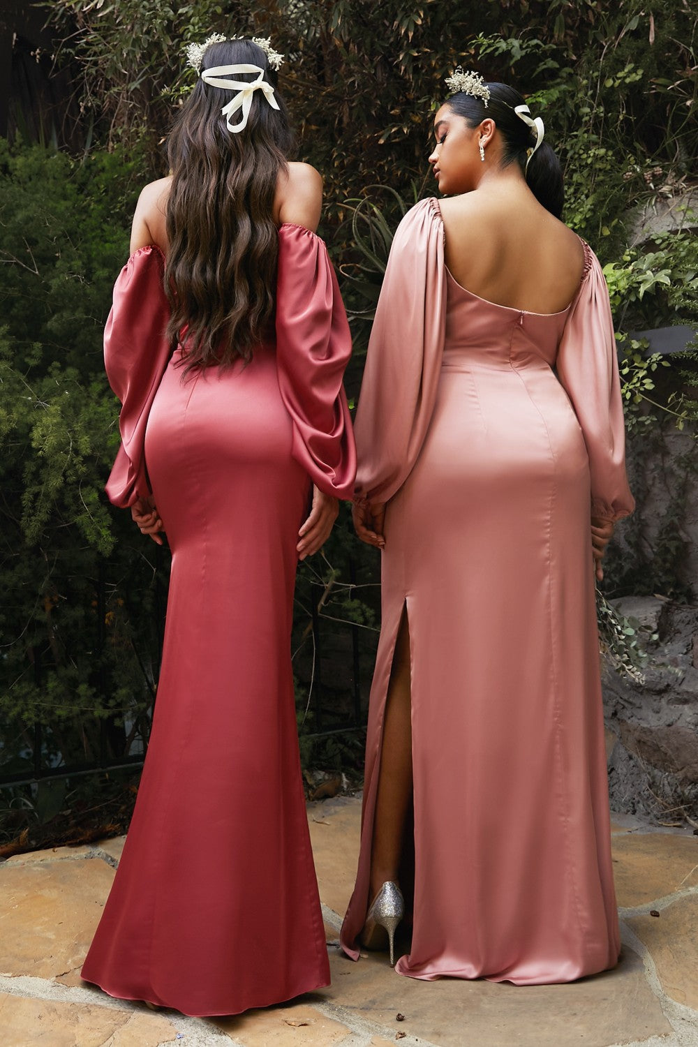 Off the Shoulder Long Sleeve Soft Satin Slit Gown - Cinderella Divine 7482C - Curves