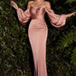 Soft Satin Off the Shoulder Long Sleeve Slit Gown by Cinderella Divine 7482 - Special Occasion