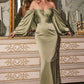 Soft Satin Off the Shoulder Long Sleeve Slit Gown by Cinderella Divine 7482 - Special Occasion