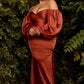 Off the Shoulder Long Sleeve Soft Satin Slit Gown - Cinderella Divine 7482C - Curves